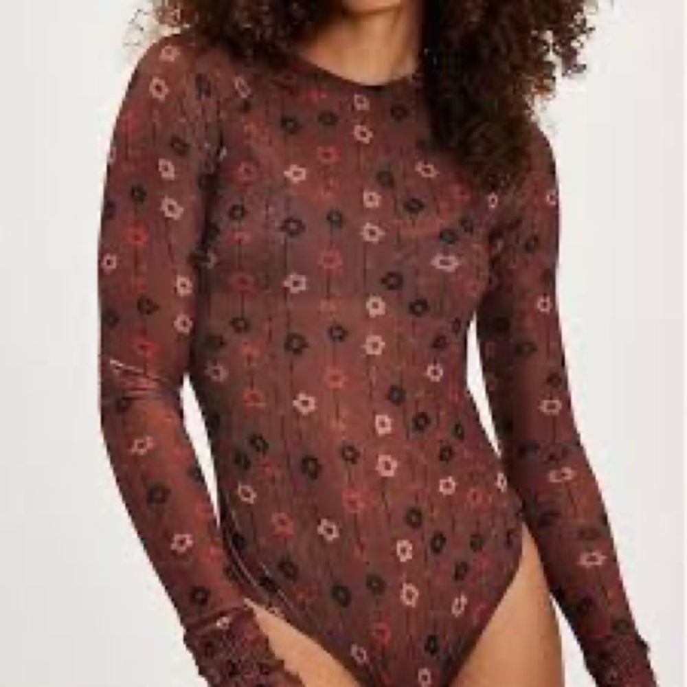 Free People Sheer Mesh Long‎ Sleeve Floral Top Brown Size XS